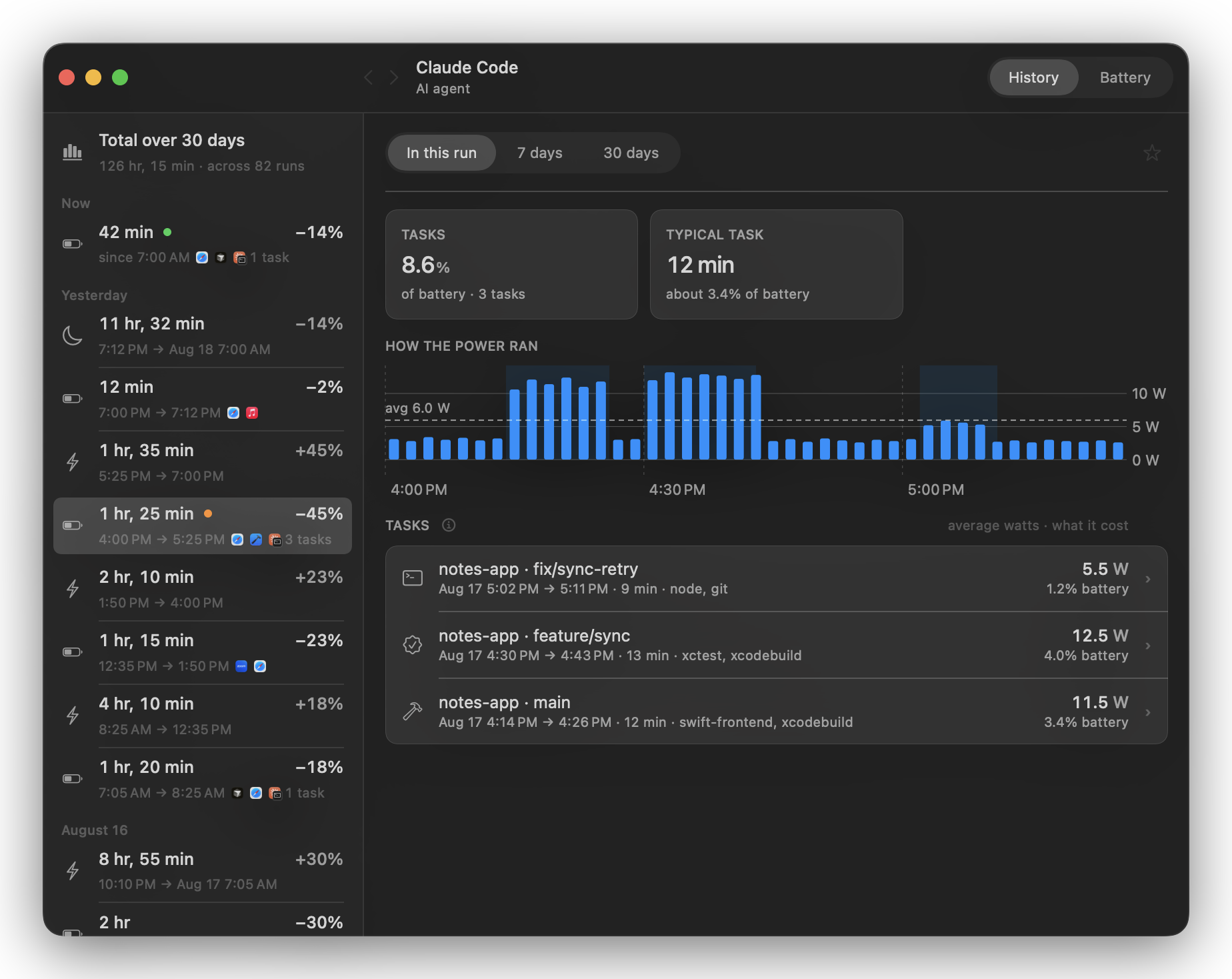 Claude Code in one run: 3 tasks, each with its project, branch and the commands it ran, what it drew and its share of the battery, marked on the power chart