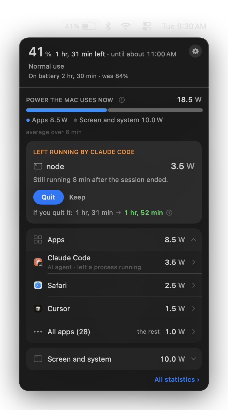 Claude Code as a row among the apps at 3.5 W, and a card above it: left running by Claude Code, node at 3.5 W, still running 8 min after the session ended, with Quit and Keep
