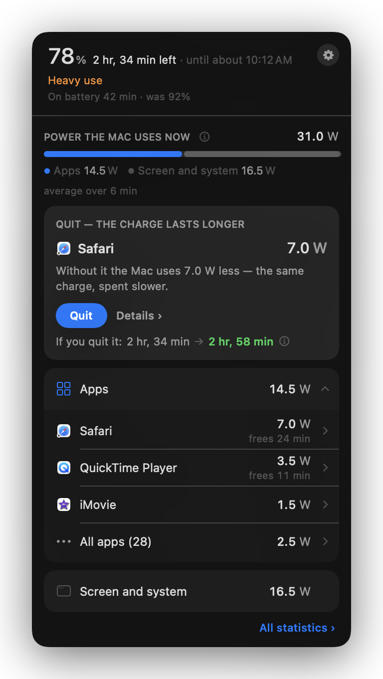 WattMate in the menu bar: the power the Mac uses now, the heaviest apps in watts, and how many minutes quitting one frees